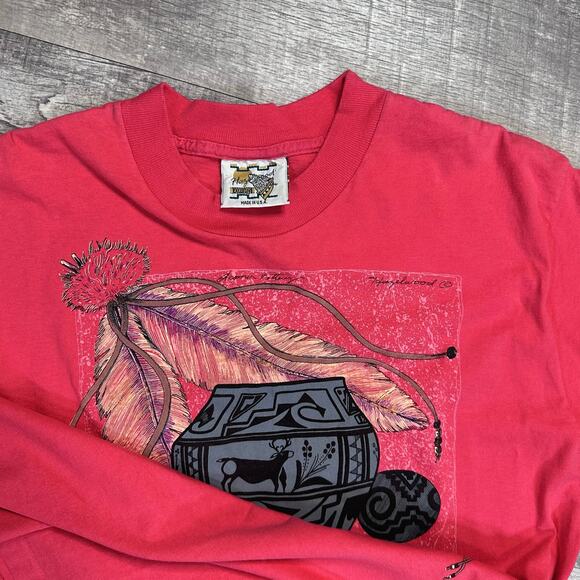 Vintage 90s Southwest Pottery Art Shirt Womens L Coral Cuffed Rivets USA Made - Picture 4 of 8